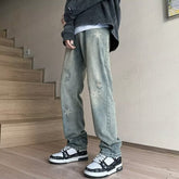 Men Jeans XINGX Printed Jeans Washed Straight Broken Holes Pants